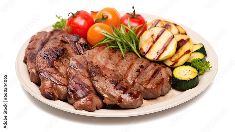Grilled meat with vegetable salad plated on white background
