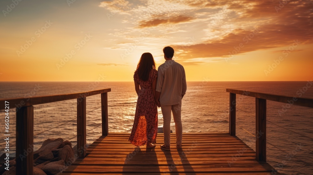 Romantic couple standing on a wooden deck, looking at the sea, at sunset macro lens natural lighting Romantic couple standing on a wooden deck, looking at the sea, at sunset macro lens natural lighting
