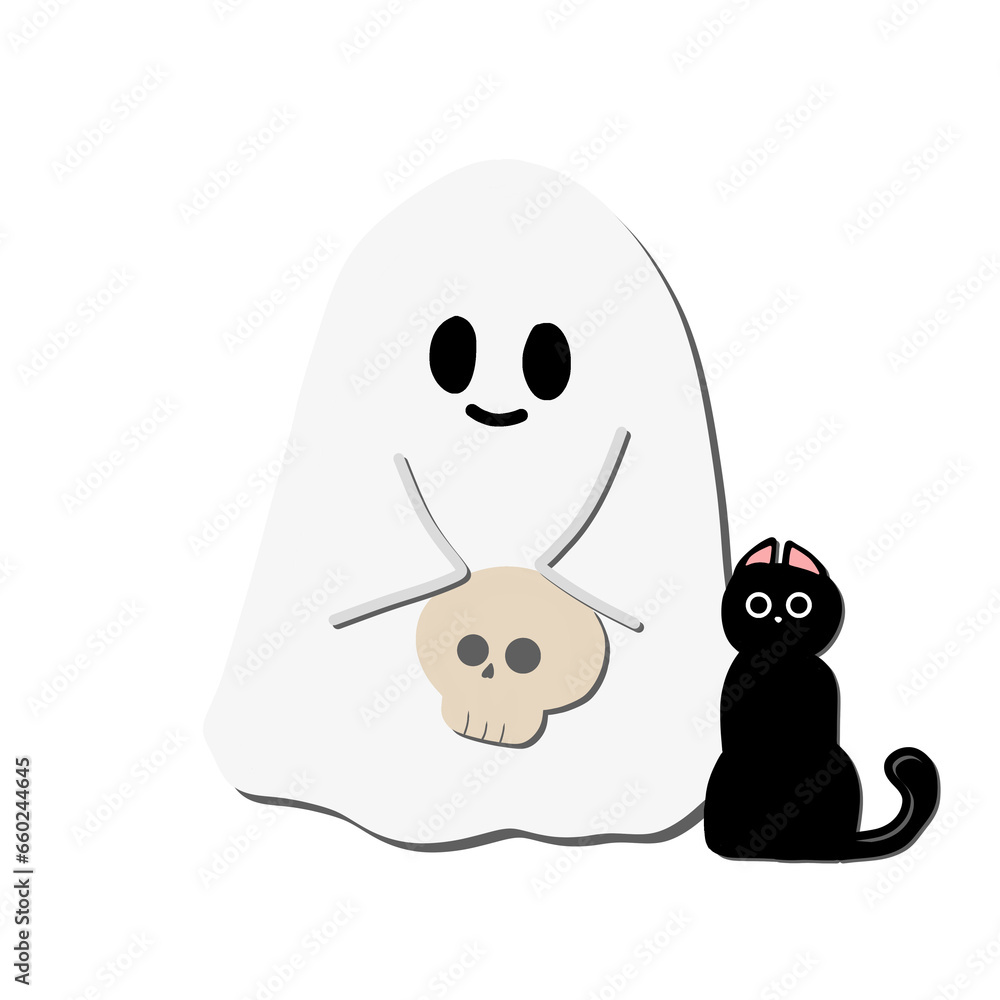 Fototapeta premium ghost cartoon holding skull with black cat illustration