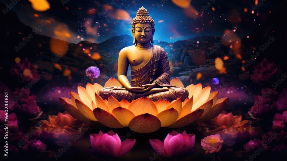 Thai Yai Buddha, Maravichai posture, black body, sitting in the middle of large multi-colored lotus flowers. At night there are lights from the sky and stars. 3D image