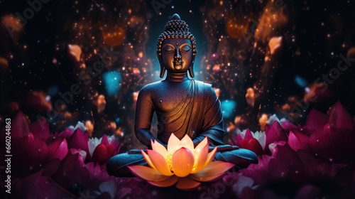Thai Yai Buddha, Maravichai posture, black body, sitting in the middle of large multi-colored lotus flowers. At night there are lights from the sky and stars. 3D image