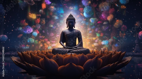 Thai Yai Buddha  Maravichai posture  black body  sitting in the middle of large multi-colored lotus flowers. At night there are lights from the sky and stars. 3D image