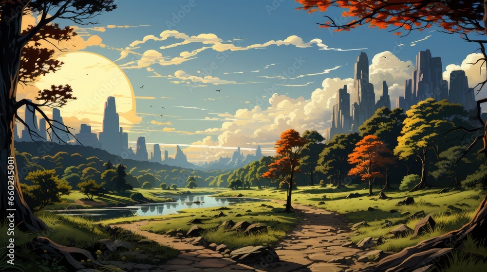 Obraz premium Central Park cartoon vector Flat color 2D ,Desktop Wallpaper Backgrounds, Background HD For Designer
