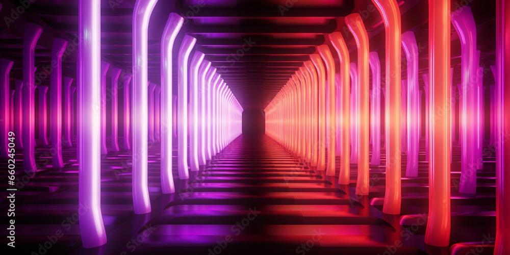 Abstract white futuristic geometric tunnel with neon lights 3d rendering Abstract white futuristic geometric tunnel with neon lights 3d rendering