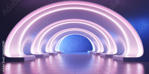 Abstract white futuristic geometric tunnel with neon lights 3d rendering