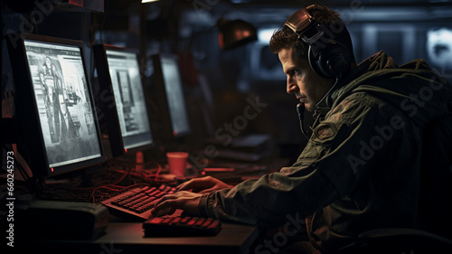 Male Officer with uniform is operating at control panel in monitoring war room on war base, AI Generative © Nay