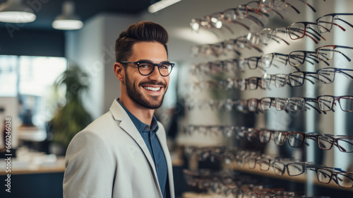 Healthcare, Eyesight And Vision Concept. Happy man choosing glasses at optics store, selective focus. photo