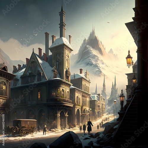victorian city streetview busy sprawling city with white buildings snowy mountain in background fantasy hi res steampunk  photo