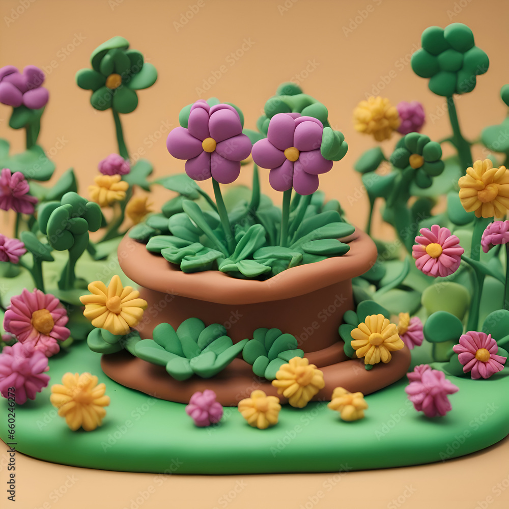 3d render of a clay pot with flowers on a green grass