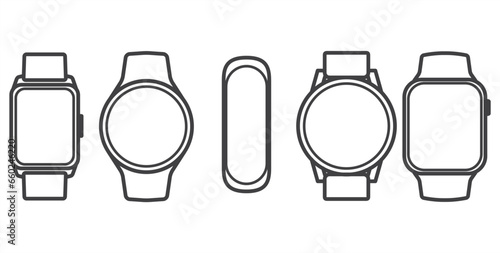 Smart watches linear icon set. Wearable electronic devices. Simple outlined icons, Smartwatch design symbol for apps and websites. Vector illustration