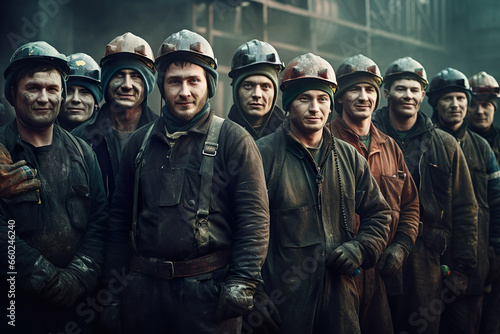 Group of workers, miners, posing in front of the entrance to the mine, smiling group of workers, mine, hard work, industry