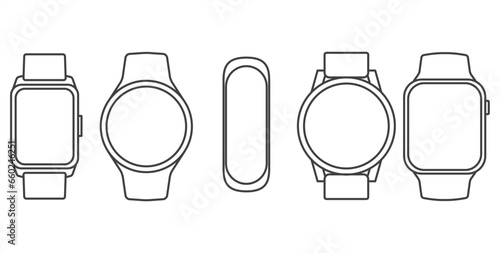 Smart Watches Wireframe Outline Icon set. Wearable electronic devices. Simple outlined icons Isolated on White Background. Smartwatch design symbol for apps and websites. Vector illustration.
