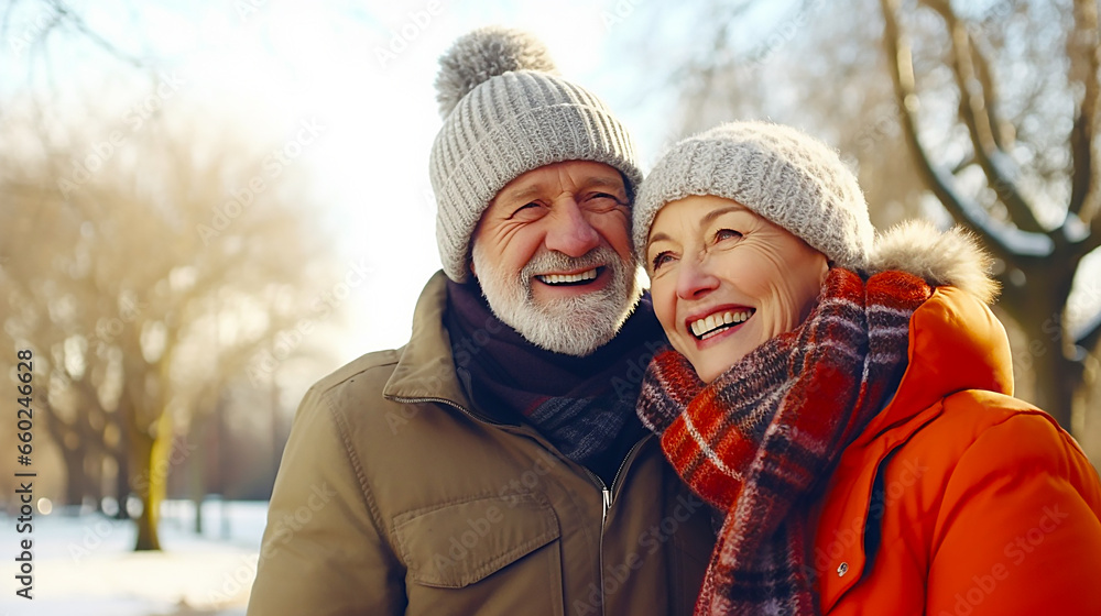 Elderly couple taking a walk in a park in winter