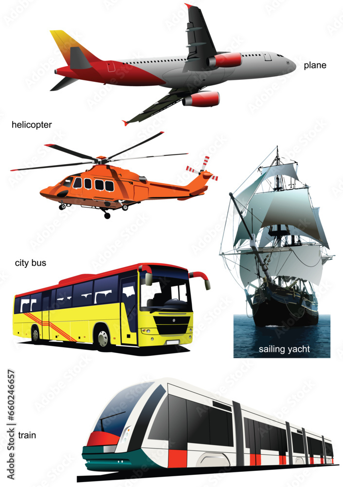 Collection of few kinds of transport images. Vector 3d illustration