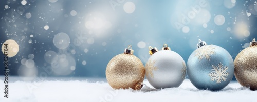 christmas background with gold and silver christmas ornaments in the snow