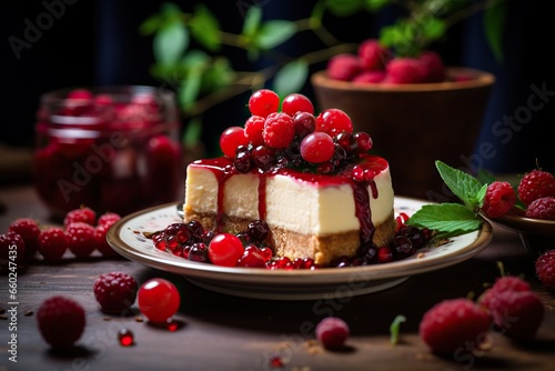 Delicious berry cheesecake and cake garnished with fresh strawberries, raspberries, and mint leaves on a plate, showcasing a gourmet dessert perfect for breakfast or snack, featuring a closeup of its 