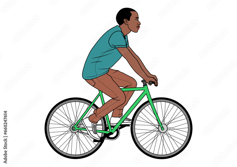 Obraz premium A black-skinned man is riding a bicycle from the side vector cartoon illustration