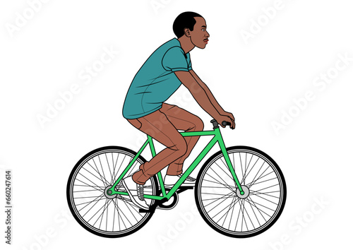 A black-skinned man is riding a bicycle from the side vector cartoon illustration