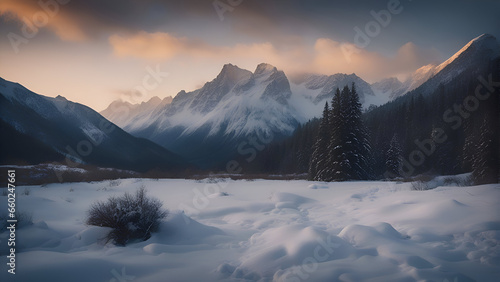Beautiful winter landscape with snow capped mountain peaks in the background