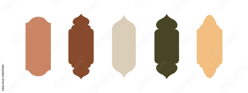 Islamic windows in oriental style. Set of arabic arches and doors in boho colors. Silhouette of mosque. Minimalistic vector illustration. Islamic windows in oriental style. Set of arabic arches and doors in boho colors. Silhouette of mosque. Minimalistic vector illustration.