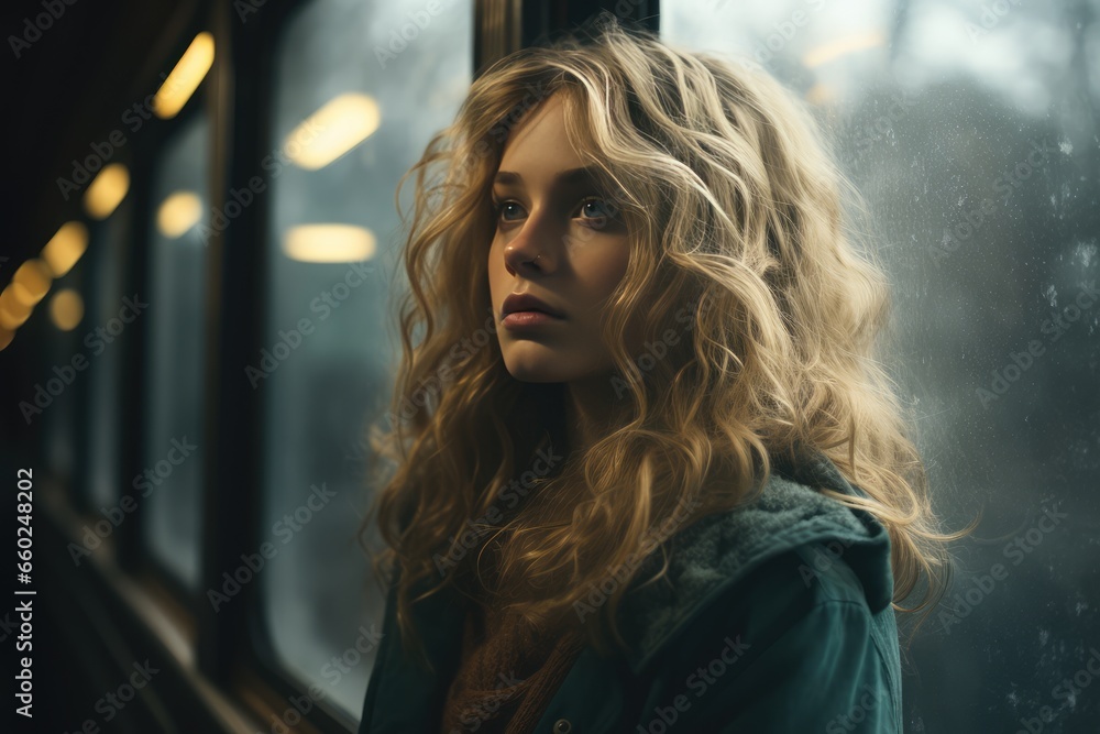 a late girl stands at the window, admiring the scenery while traveling by train. Railway transport a late girl stands at the window, admiring the scenery while traveling by train. Railway transport