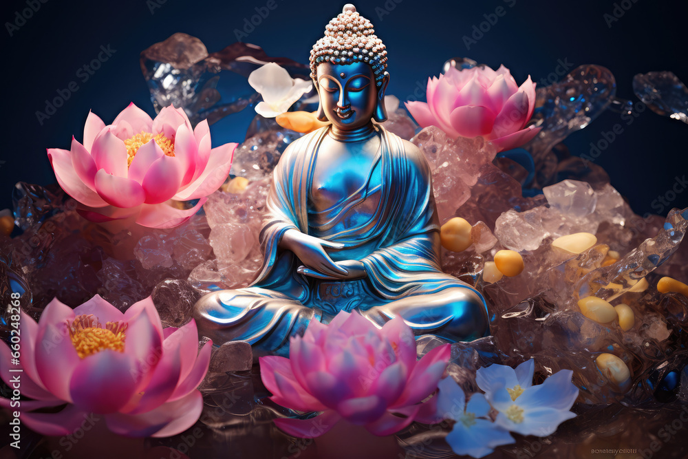  Glowing golden Buddha meditates on a lotus flower