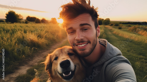 Man taking selfie with dog Generative aI photo