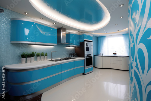 Modern blue kitchen interior design with marble floor