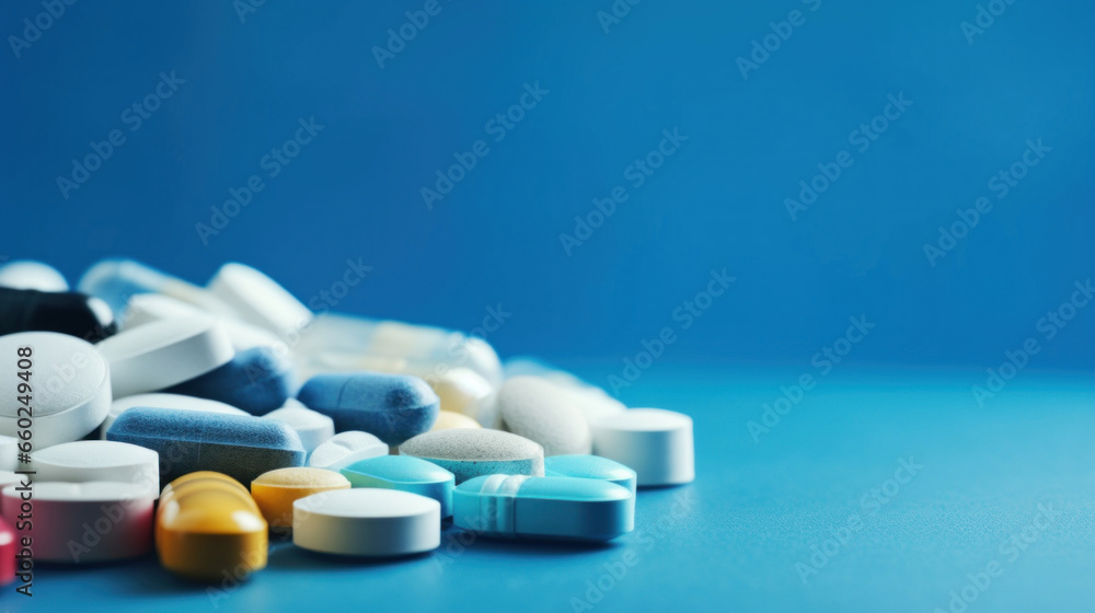 Tablets and capsules are scattered on a blue background