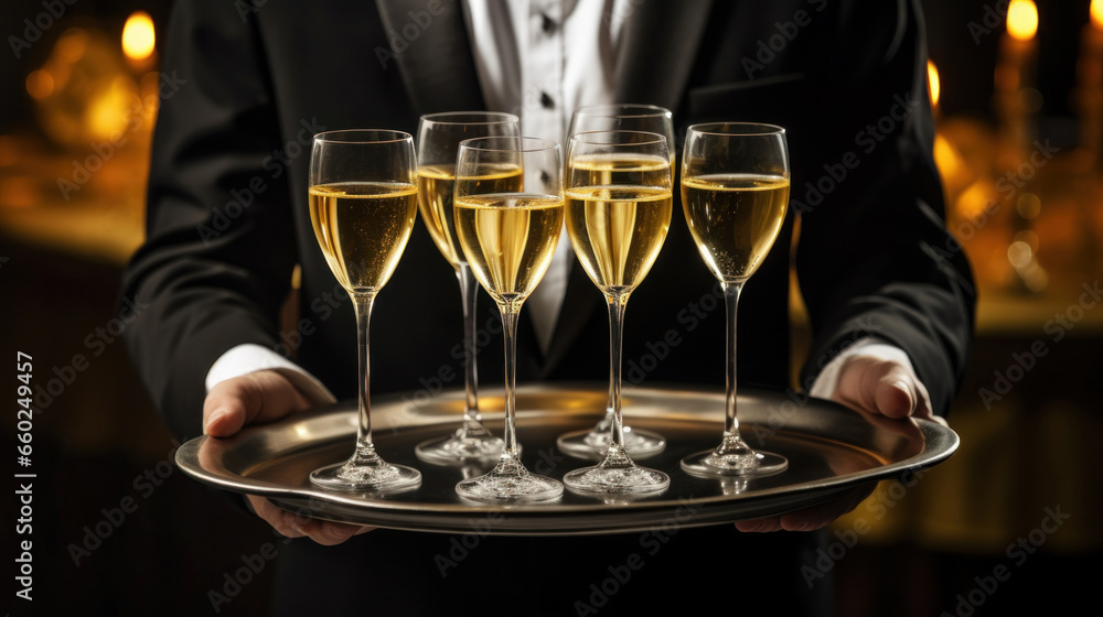 The waiter carries a tray of champagne glasses.