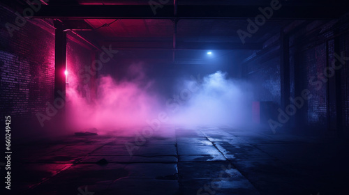 Dark atmospheric room illuminated with neon pink and blue light