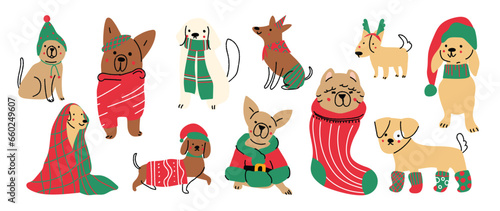 Merry christmas and happy new year concept background vector. Collection drawing of cute dogs with decorative scarf, ribbon, hat. Design suitable for banner, invitation, card, greeting, banner, cover.