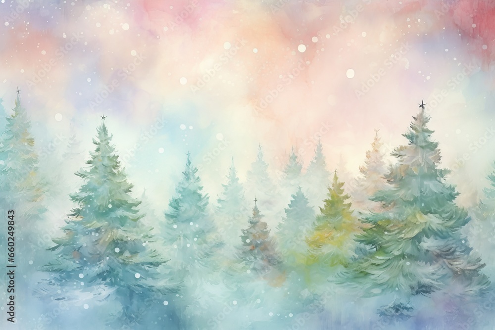 Watercolor christmas tree with snowflakes soft pastel colors background. Winter forest. Winter landscape. Christmas background.

