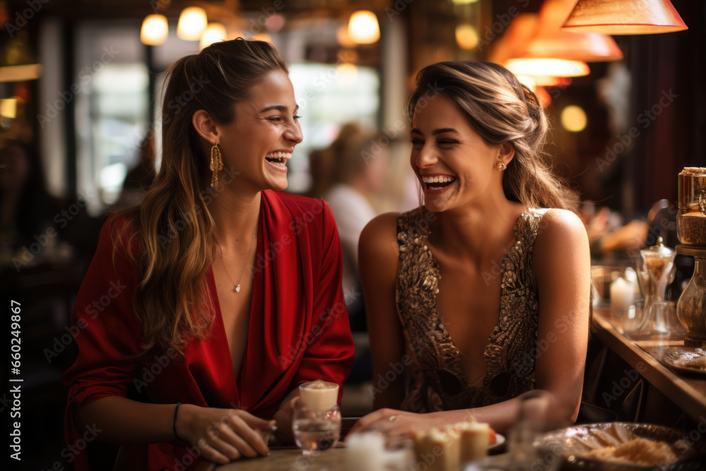 2 young women share laughter in a cozy cafe ambiance.