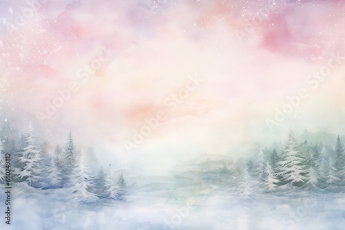 Watercolor christmas tree with snowflakes soft pastel colors background. Winter forest. Winter landscape. Christmas background.  © Nongkran