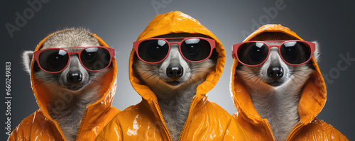 three meerkats with orange jackets are wearing sunglasses