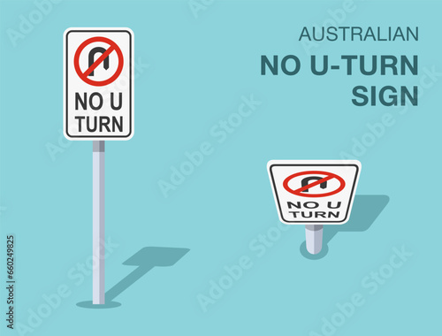 Traffic regulation rules. Isolated australian no u-turn sign. Front and top view. Flat vector illustration template.