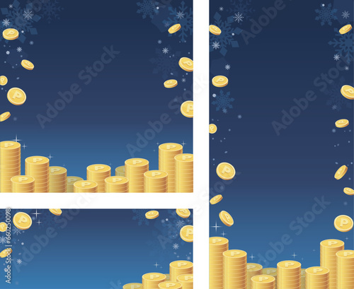 積み上げたコインを配置した青色背景の素材_サイズバリエーションセット