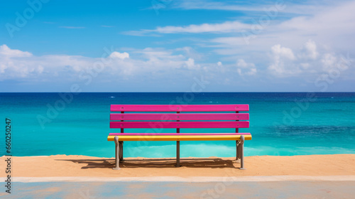 colorful beach bench overlooking the turquoise sea, vibrant, coastal, Ai Generate  © Yasir