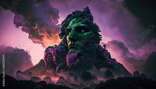 a mountain rushmore made of green granite at the twilight fire lava clouds purple fog taken at a low angle tiny human silhouettes hyper realism unreal engine high octane  photo