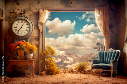 Rustic Bohemian Living Area Overlooking a Desert Landscape, Clock on the Wall