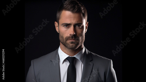 Portrait of a Male Businessman Wearing Grey Suit, Serious Face