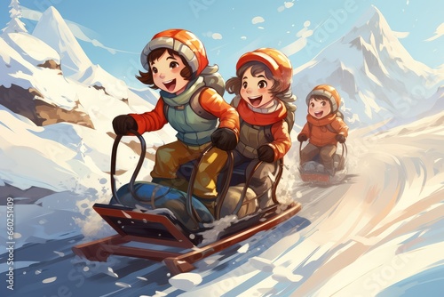 Children have fun sledding down the mountain against a background of snowflakes. cute illustration on in cartoon style. © VIK