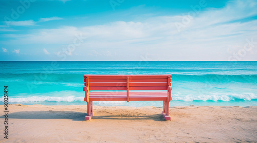 red chair on the beach  colorful beach bench overlooking the turquoise sea  vibrant  coastal  Ai Generate 