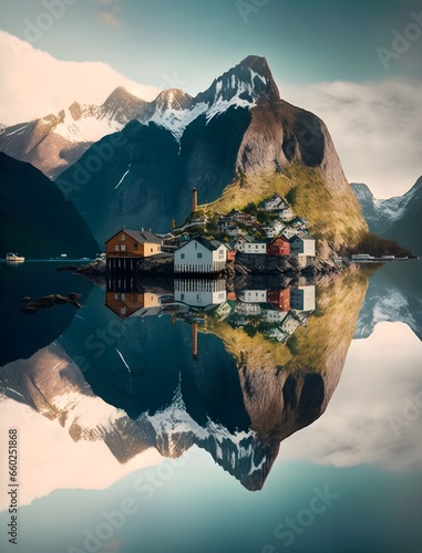 colorful faroese oceanside village towering mountains in the background sharp clear photography 