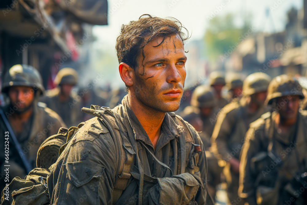 Fototapeta premium A soldier grieving on the battlefield Generative AI