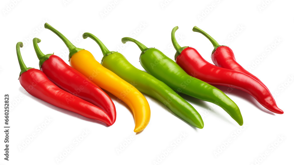 Set of six Fresh multicolor chili peppers on a transparent white background