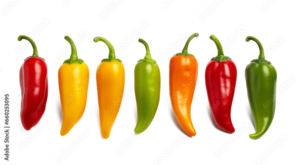 Set of six Fresh multicolor chili peppers on a transparent white background Set of six Fresh multicolor chili peppers on a transparent white background