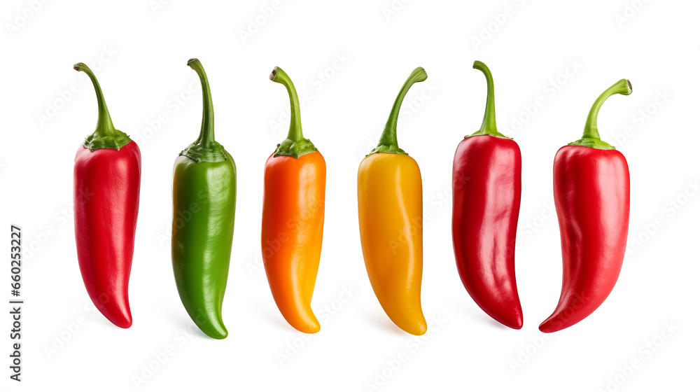 Set of six Fresh multicolor chili peppers on a transparent white background - obrazy, fototapety, plakaty 