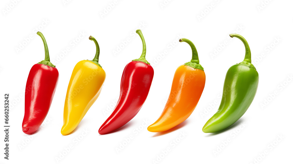 Set of six Fresh multicolor chili peppers on a transparent white background Set of six Fresh multicolor chili peppers on a transparent white background